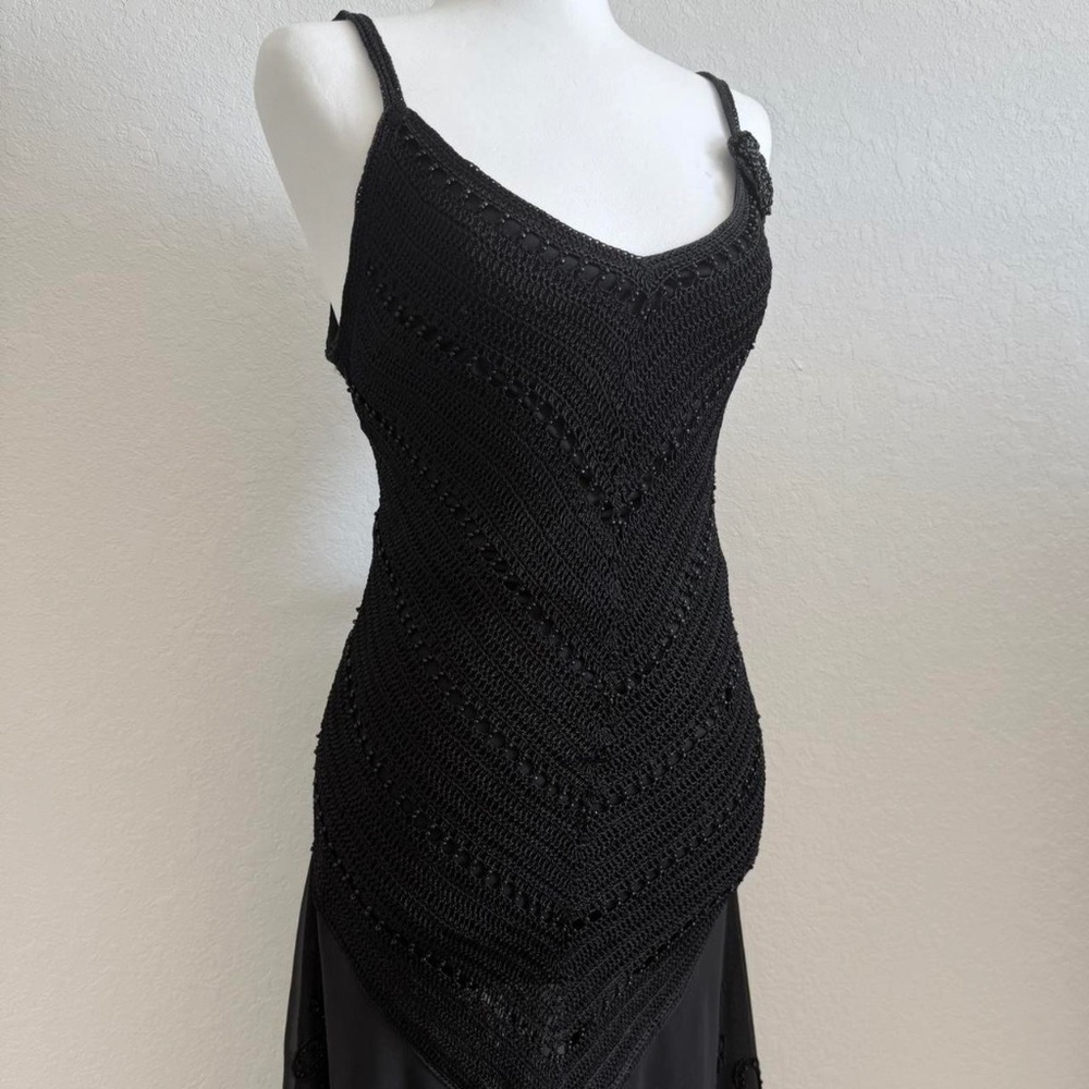 Vintage Black Crochet Beaded Lace Asymmetrical Maxi Dress